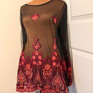 INC International Concepts Black Sheer Top with Red Embroidery
